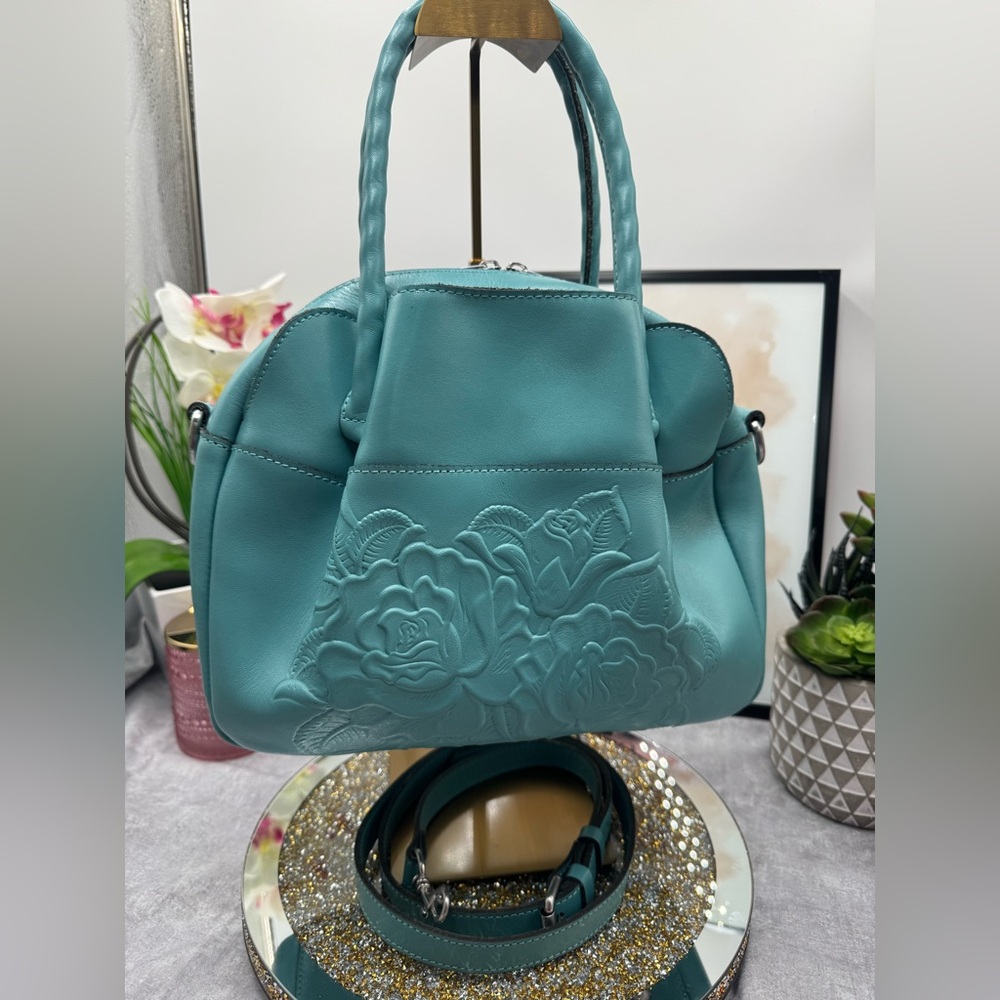 Patricia Nash Floral Embossed Italian Leather Satchel Shoulder Crossbody Teal - Picture 1 of 10